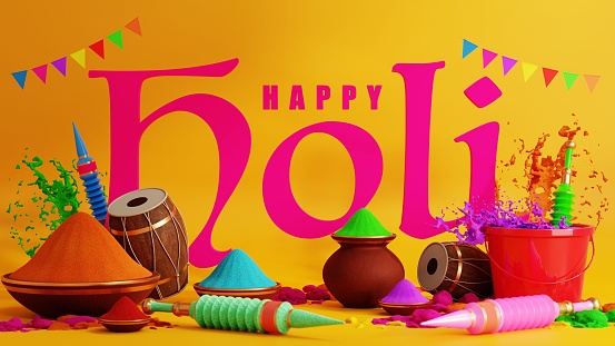 3d rendering illustration for holi festival of colors  colorful gulaal (powder color), gulal shooter gun, indian festival for happy holi background.