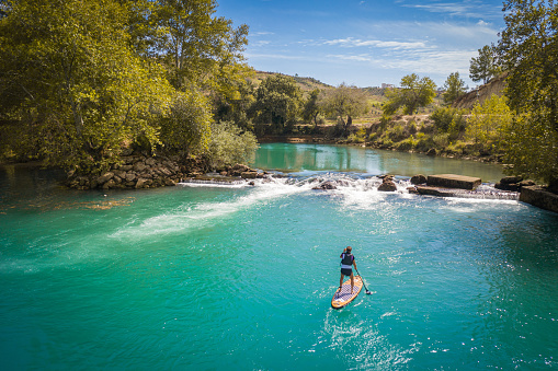 Aerial view of Stand-up paddling on a river