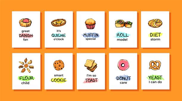 ilustrações de stock, clip art, desenhos animados e ícones de bakery fun pun prints or cards set - gourmet pastry bread horizontal