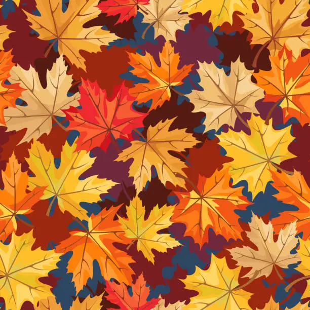Vector illustration of Autumn seamless pattern with colorful maple leaves on blue. Vector autumn background