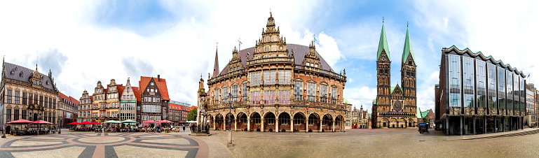 Market square with old city hall, Roland statue an parliament house in the old town of the hanseatic city of Bremen, Germany