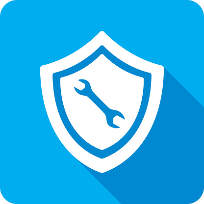 Vector illustration of a shield with wrench icon against a blue background in flat style.