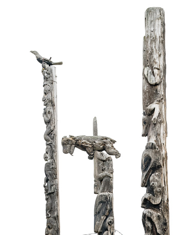The 150 year old totem poles are located in Kispiax on the Yellowhead Highway in Northwest British Columbia