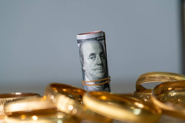 istock Large group of dollars banknotes with gold coins 1691050706