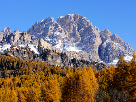 View of Monte Cristallo in Cortina d'Ampezzo, Veneto, Italy, Europe, on an autumn day with the colors of the foliage. Chain with characteristic peaks, wooded areas and lakes, a popular destination for trekking, snowshoeing, walking and cycling.