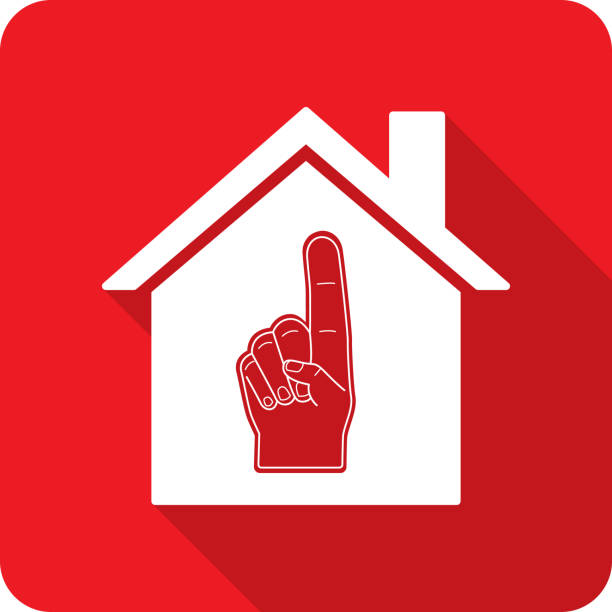 House Foam Finger Icon Silhouette Vector illustration of a house with foam finger icon against a red background in flat style. pep rally stock illustrations