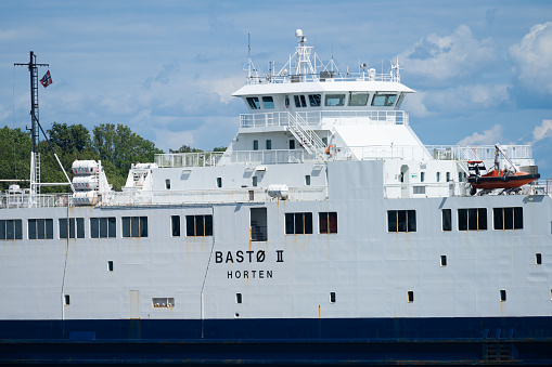 Moss, Norway - July 07 2023: Bastø II car ferry trafficing Horten Moss.