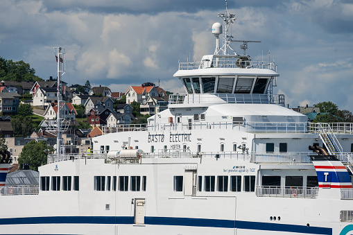 Moss, Norway - July 07 2023: Bastø Electric car ferry trafficing Horten Moss.