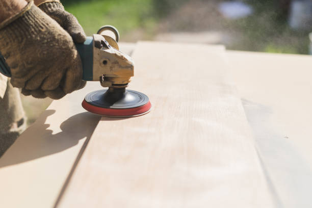 istock Grinding of an oak board with an angle grinder 1691064421