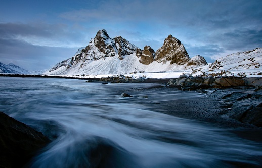 The spectacular Eystrahorn mountains rise out of the sea in South-Eastern Iceland