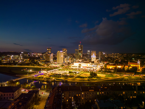 Aerial view of the business center of Vilnius city at night. Lithuania. Downtown and city center