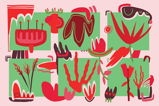 Art poster with leaves and flowers in red and green color