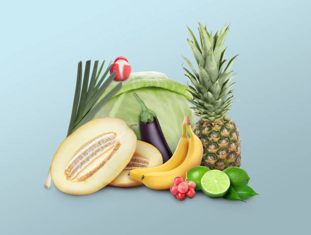 istock Fresh fruits and vegetables on pastel light blue background 1691066930