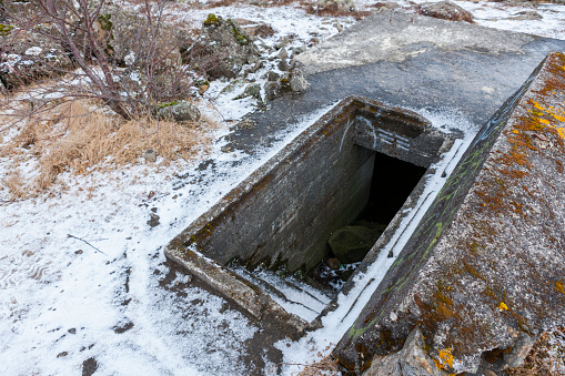 An old ruined World War II military bunker on Öskjuhlíð hill in Reykjavik, Iceland.