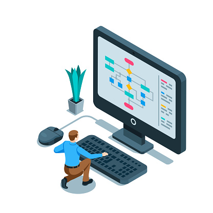 isometric man working at a computer, in color on a white background, constructing a program diagram or plan