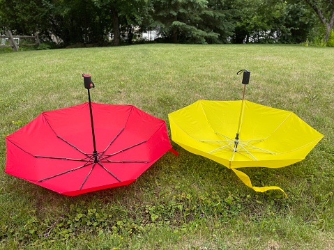 Two umbrellas on grass open and upside down