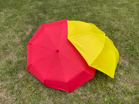 Red and yellow umbrella on grass