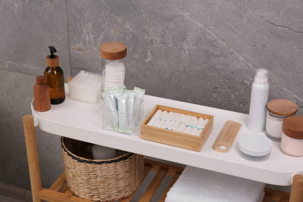 istock Many different tampons and personal care products on white table near grey wall 1691088384