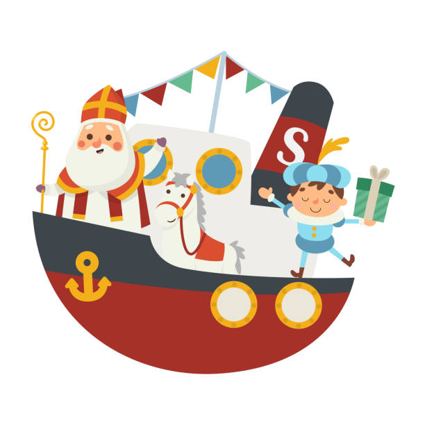 Happy Saint Nicholas or Sinterklaas and friends are coming to town at boat - vector illustration isolated on transparent background Happy Saint Nicholas or Sinterklaas and friends are coming to town at boat - vector illustration isolated on transparent background sinterklaas nederland stock illustrations