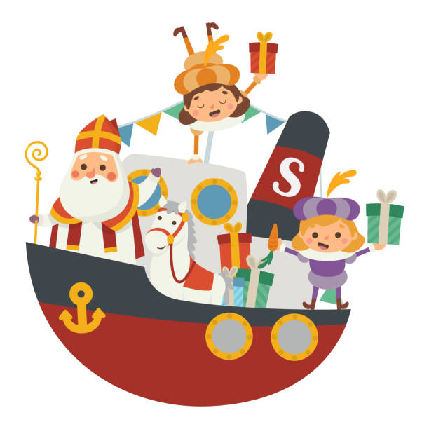 Happy Saint Nicholas or Sinterklaas and friends are coming to town at boat - vector illustration isolated on transparent background Happy Saint Nicholas or Sinterklaas and friends are coming to town at boat - vector illustration isolated on transparent background sinterklaas nederland stock illustrations