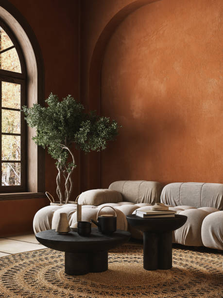 istock Orange interior with sofa, decor, stucco wall and coffee tables. 3d render illustration mockup. 1691105674