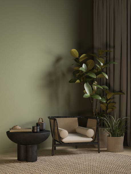 istock Green interior with rattan lounge chair, coffee table and decor. 3d render illustration mockup. 1691105813