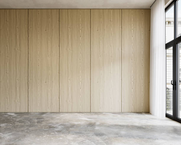 istock Contemporary empty interior with wood wall panels. 3d render illustration mockup. 1691105825