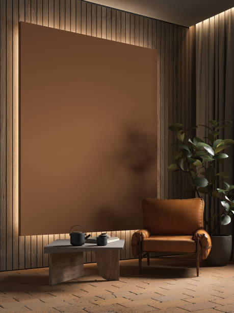 istock Contemporary interior with leather armchair coffee table, orange poster and decor. 3d render illustration mockup. 1691106375
