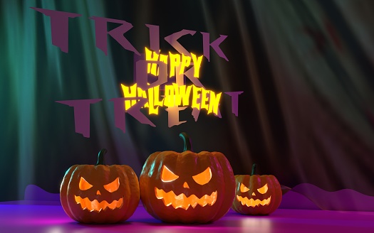 Jack O'Lanterns with Happy Halloween and Trick or Treat text on spooky background. Halloween scene in a mystical cemetery.