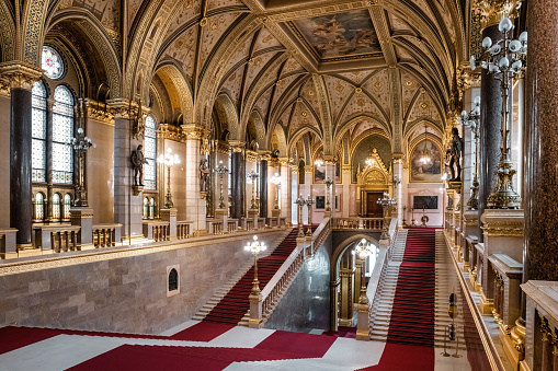 The Palace of the Parliament is the seat of the Parliament of Romania. The Palace of the Parliament is one of the heaviest buildings in the world, constructed over a period of 13 years (1984–1997). The image shows a huge staircase inside the Parliament Building.