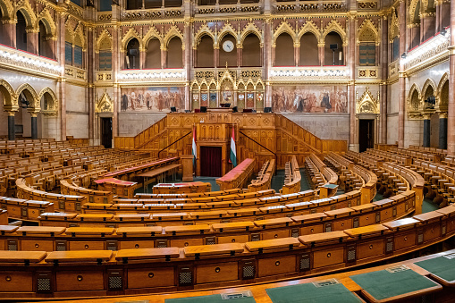 Upper House Chamber of the Hungarian Parliament Building in Budapest, Hungary on a sunny day.