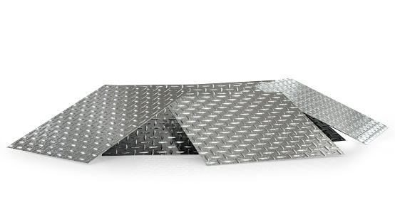 Parts of metal diamond plates on the white backgorund. 3d rendering