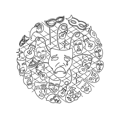 Masquerade, carnival, masks doodles set, circle composition. Vector illustration.