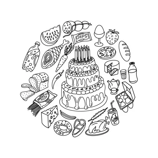 Vector illustration of Food Doodles set, circle composition. Vector illustration.