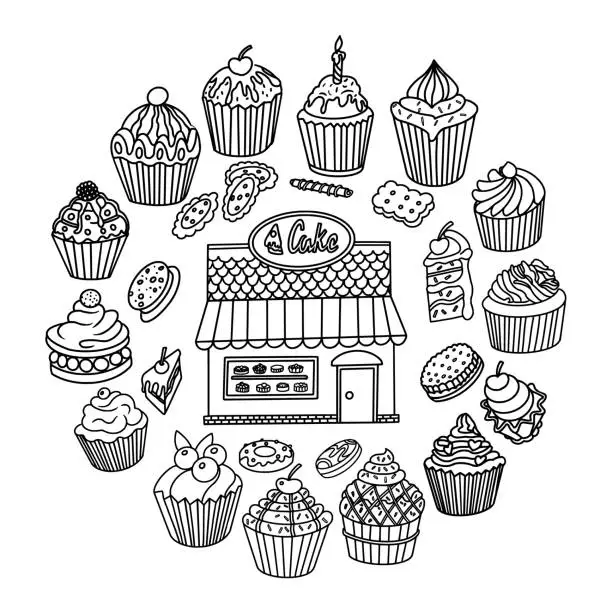 Vector illustration of Cake, Cupcake Shop Doodles set, circle composition. Vector illustration.