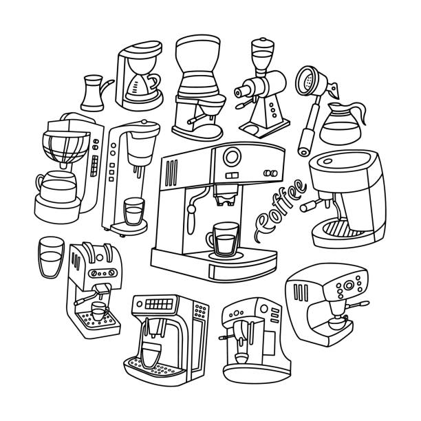 ilustrações de stock, clip art, desenhos animados e ícones de coffee equipment and accessories doodles set, circle composition. vector illustration. - steam black coffee heat drink