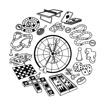 Board games Doodles set, circle composition. Vector illustration.