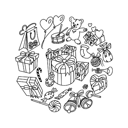 Present, Gifts Doodles set, circle composition. Vector illustration.