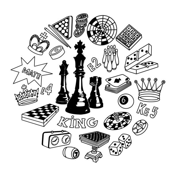 Chess and various Board Games Doodle Set, Circle Composition Chess and various Board Games Doodle Set. Circle composition. Vector illustration. board game piece stock illustrations