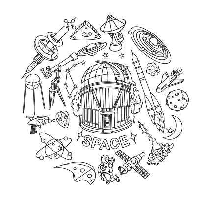Astronomy and space Doodles set, circle composition. Vector illustration.
