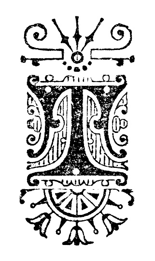Art Nouveau style initial capital letter T. Vintage etching circa 19th century.