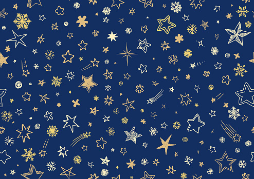 Seamless blue and gold sketchy stars wallpaper done in a fun child-like style vector illustration on lined paper background for use on school info graphics etc