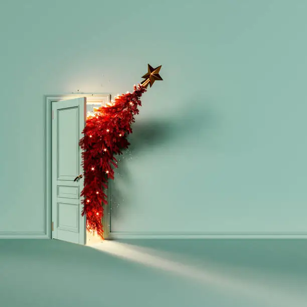 Red Christmas tree enters the door. Christmas is here concept with empty turquoise blue wall background. 3D Rendering, 3D Illustration