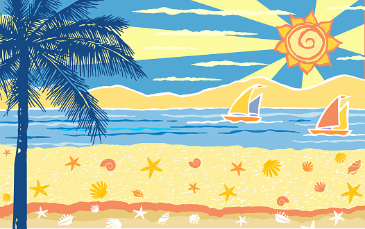 Stylized beach landscape vector illustration. Free and laid-back style design. Art for printing on fabrics, sarongs, decoration, etc.