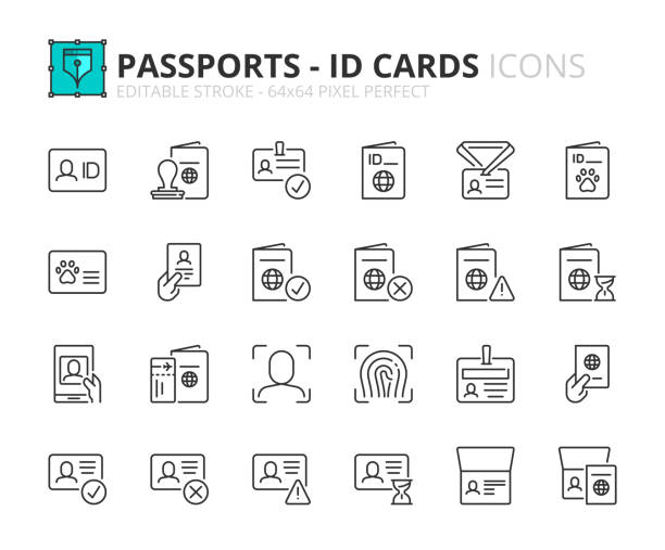 Simple set of outline icons about passport and id card Line icons about passport and id card. Contains such icons as personal identification, animal tracker and visa approved. Editable stroke Vector 64x64 pixel perfect natural pattern photos stock illustrations