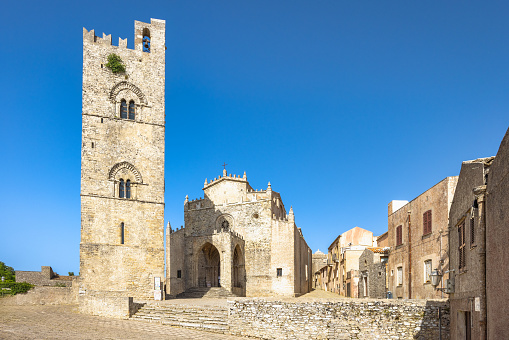 Erice Cathedral with bell tower, historic town in northwestern Sicily near Trapani, Italy, Europe.