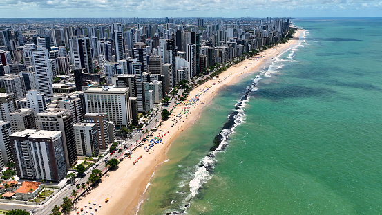 Boa Viagem Beach At Recife In Pernambuco Brazil. Cityscape Landscape. Downtown Background. Urban District. Metropolis Buildings. Boa Viagem Beach At Recife Pernambuco Brazil.