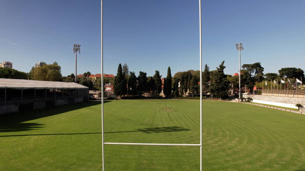 istock Aerial drone through goal posts on rugby pitch, rugby field 1691278831