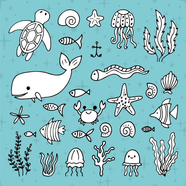 illustrazioni stock, clip art, cartoni animati e icone di tendenza di set di animali marini in stile disegnato a mano. vita oceanica. sott'acqua, sotto il mare, marino - water plant coral sea jellyfish