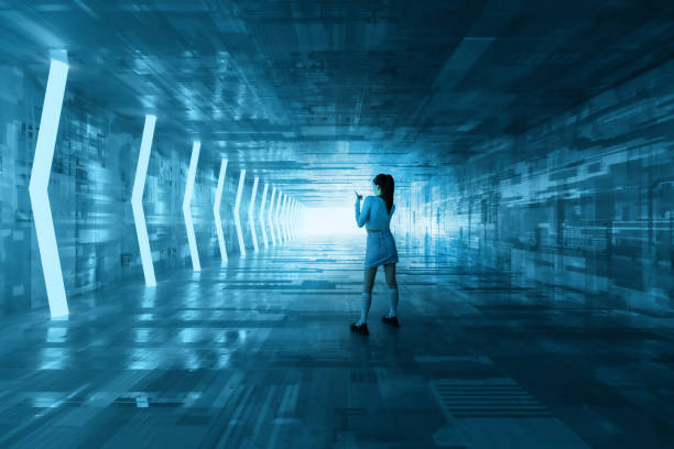 istock Young woman standing in futuristic corridor 1691287425